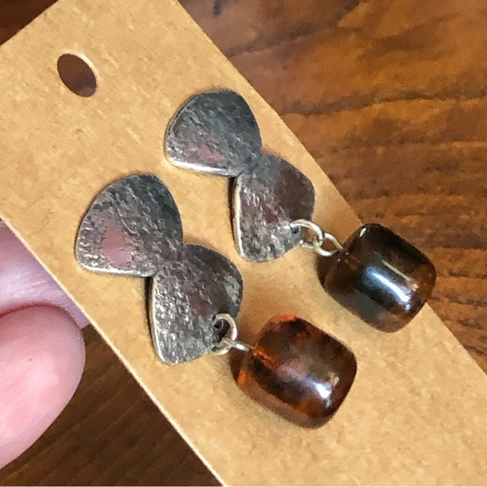 Marjorie Baer modernist textured sterling silver amber dangle earrings